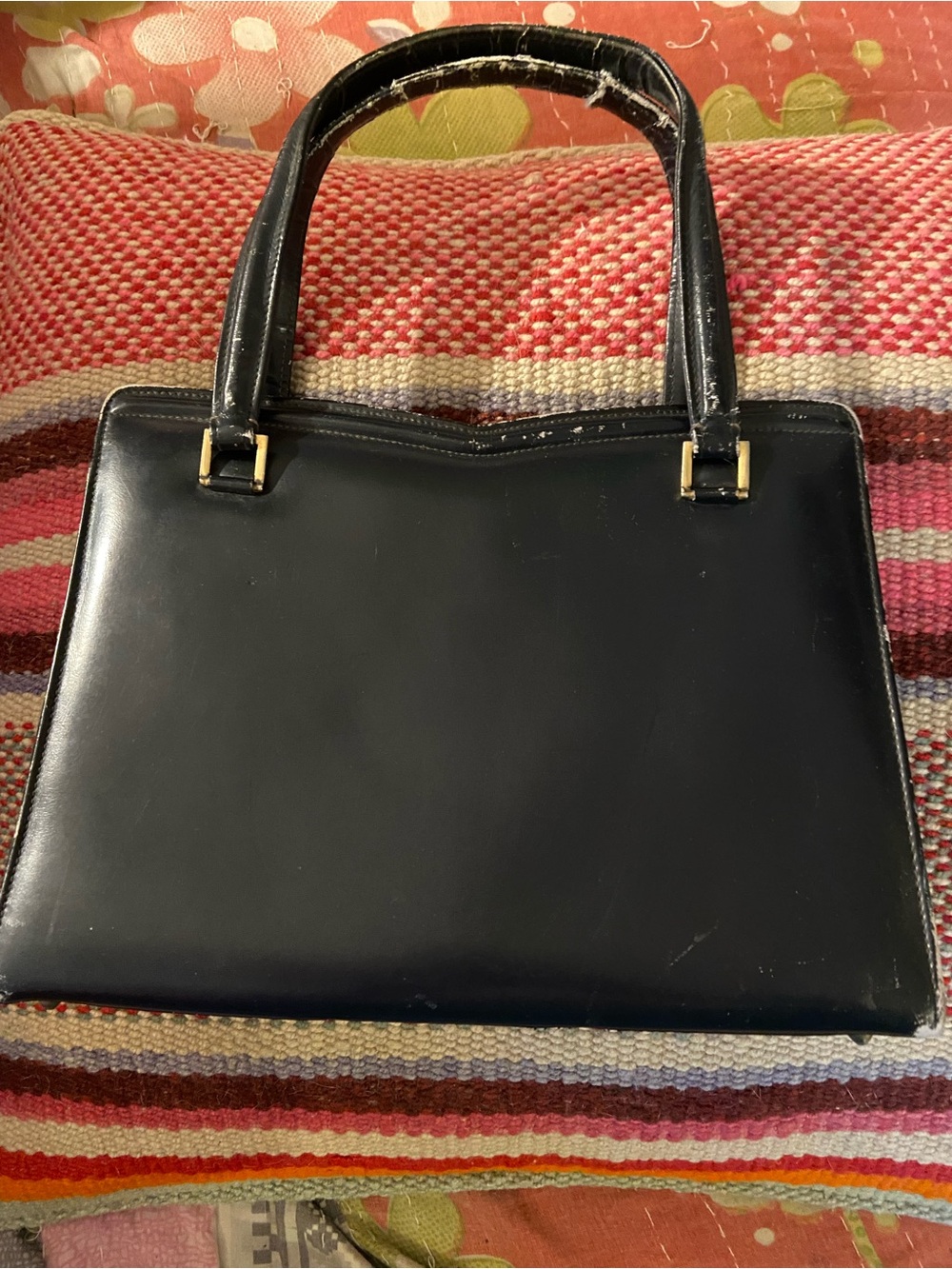LEATHER SCHOOL FLORENCE Vintage Black Bag with Gold Hardware & red interior